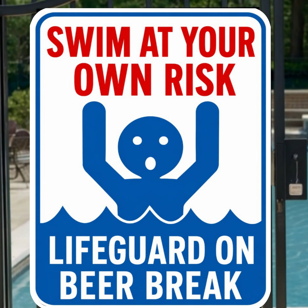 Swim At Your Own Risk Lifeguard On Beer Break Funny Pool Sign 13x19 Laminated Pool Decor Backyard Pool Rules Sign