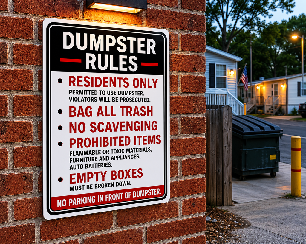 Dumpster Rules Sign Laminated 13x19 | Apartment Dumpster Rules Sign | Property Management Wall Sign | Trash Area Rules Decor