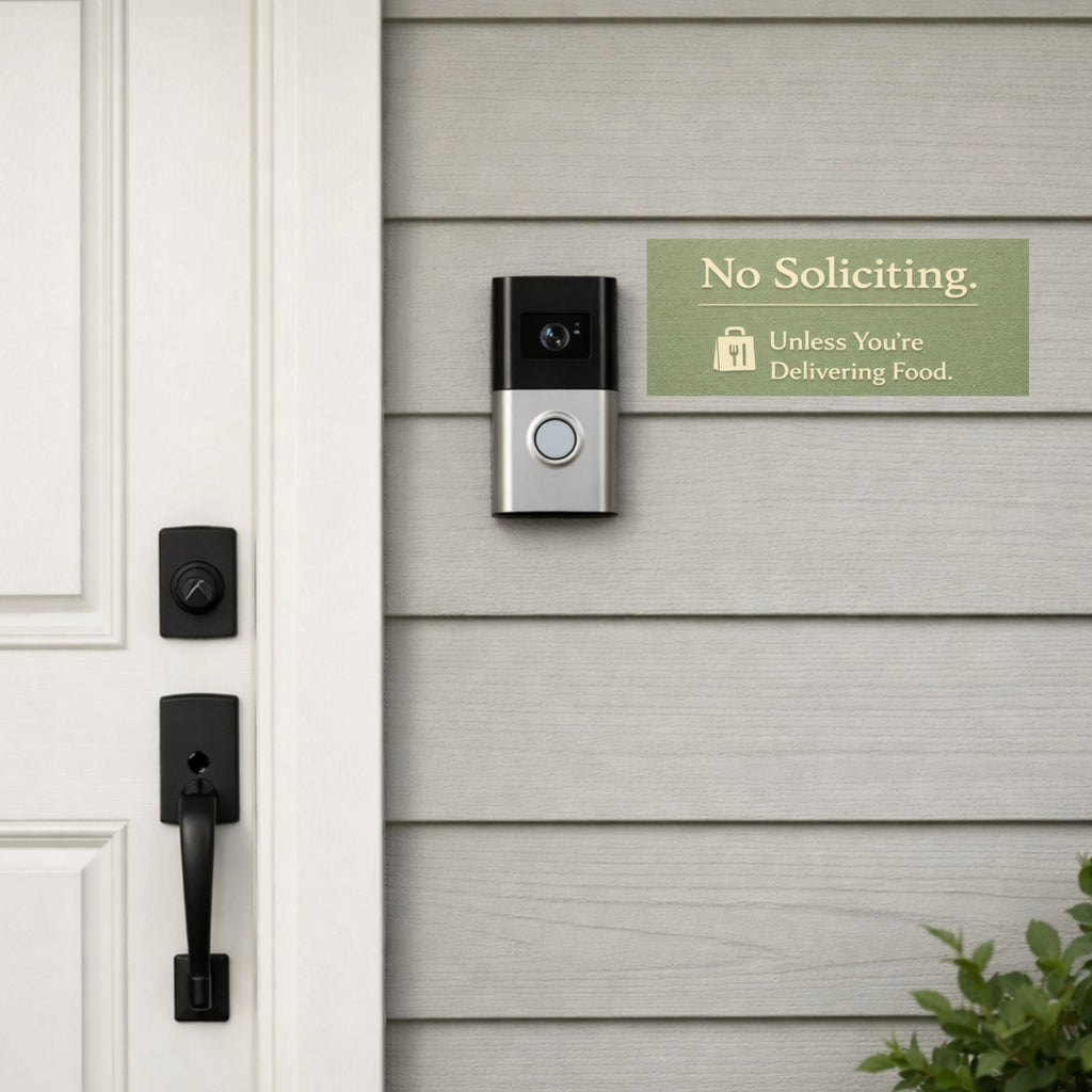 NO SOLICITING UNLESS YOU'RE DELIVERING FOOD, LAMINATED, ALUMINUM BACKING 4X6