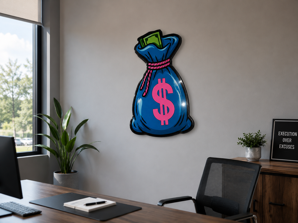 Real Wood Money Bag Wall Art | 12x18 Motivational Office Decor | Glossy Wall Sign | Hustle Mindset Business Decor