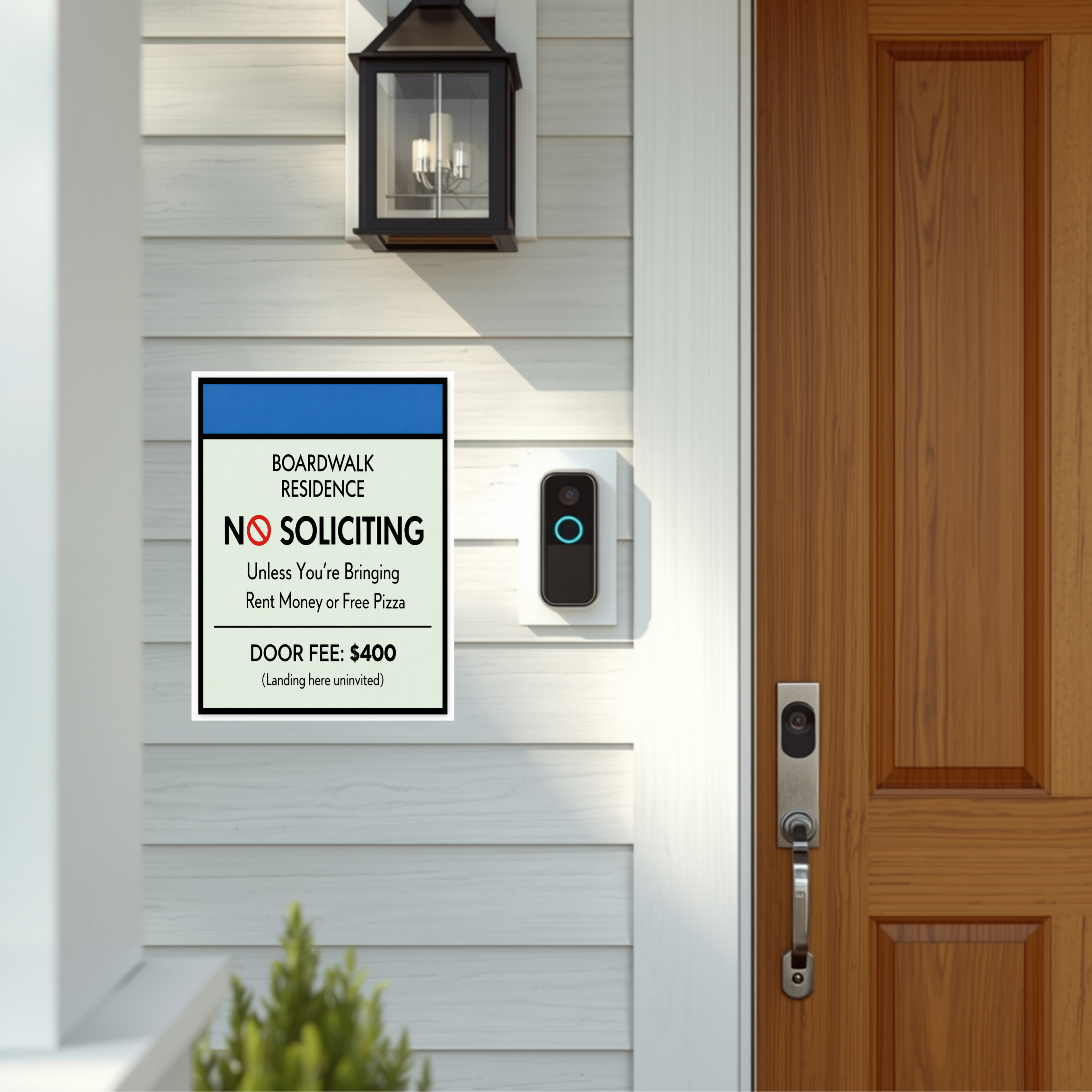 Boardwalk No Soliciting Sign – Funny Door Sign | “Unless You’re Bringing Rent or Pizza” | Modern Home Entry Decor