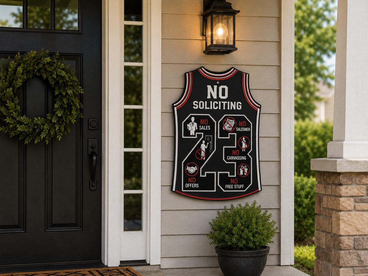 No Soliciting Jersey Sign 19x13in | Laminated Wooden Door Sign | Weather Sealed Sports Style Wall Decor | Cut Out Jersey Sign