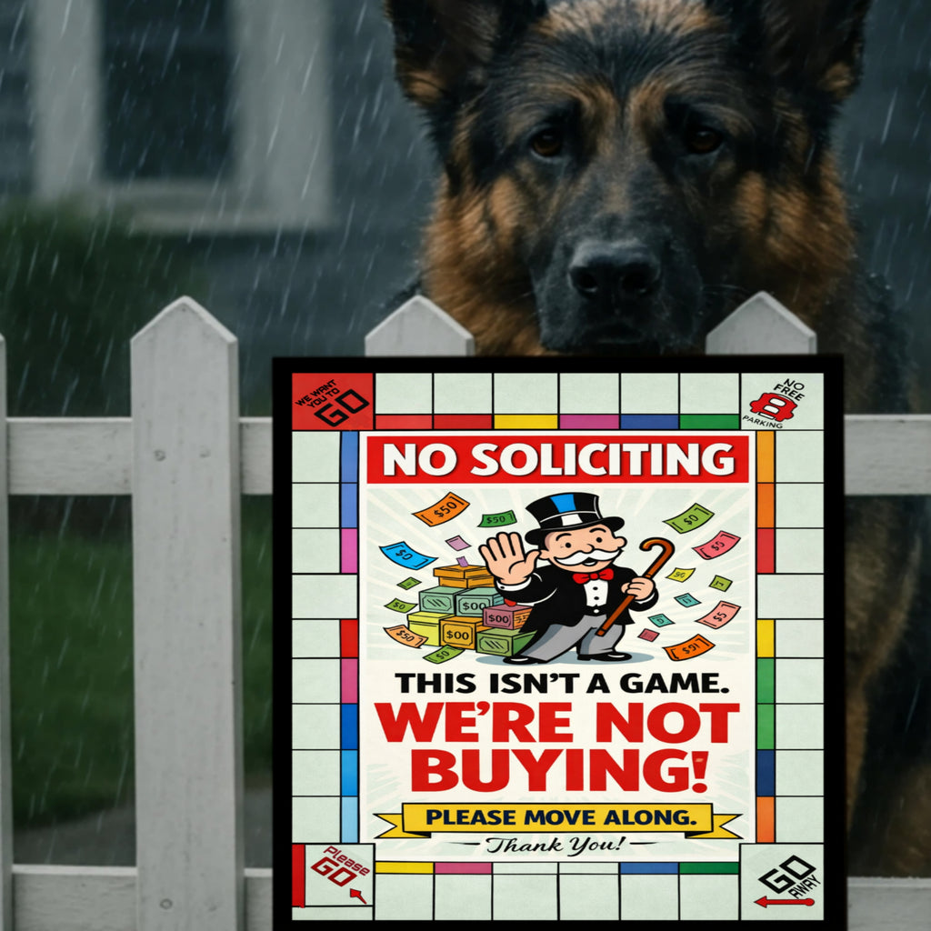 No Soliciting Monopoly Sign We’re Not Buying Please Move Along 13x19 Laminated Funny Door Sign No Salesmen Home Security Decor
