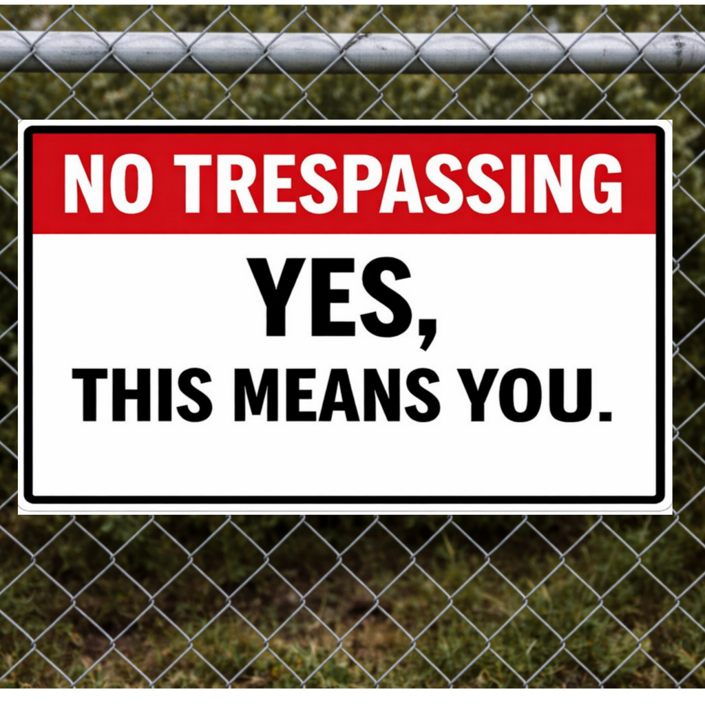 No Trespassing Sign Funny Yes This Means You 13x19 Laminated Outdoor Sign Bold Warning Door Sign Yard Security Sign Home Protection Decor