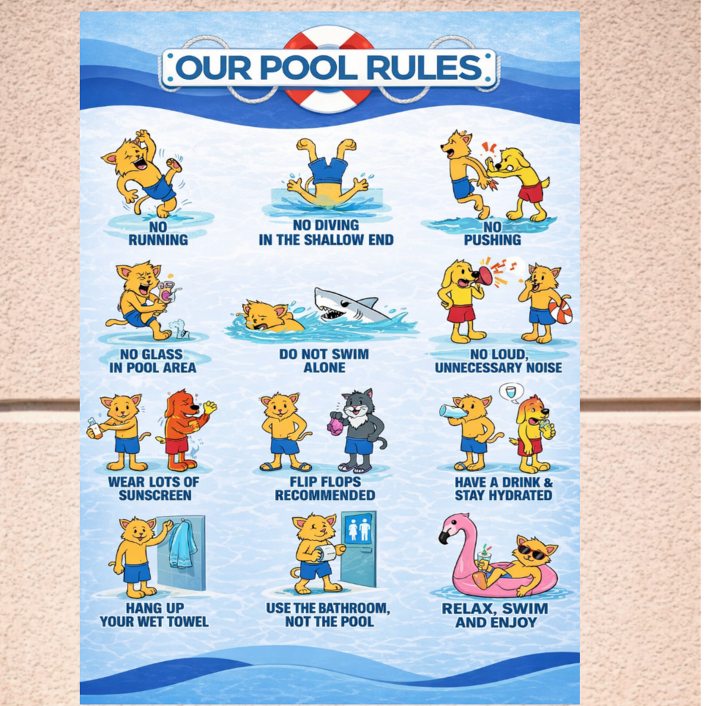 Pool Rules Sign 13x19 Laminated Funny Pool Safety Poster Kids Pool Rules Sign Backyard Pool Decor Family Pool Sign