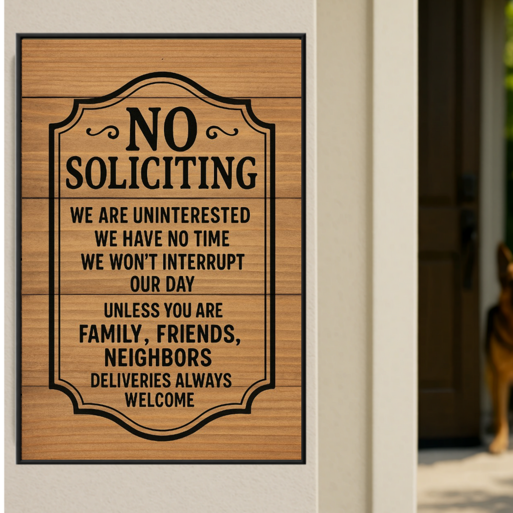 No Soliciting Door Sign – Laminated or Framed Front Door Warning | Rustic Wood Style Home Entry Sign