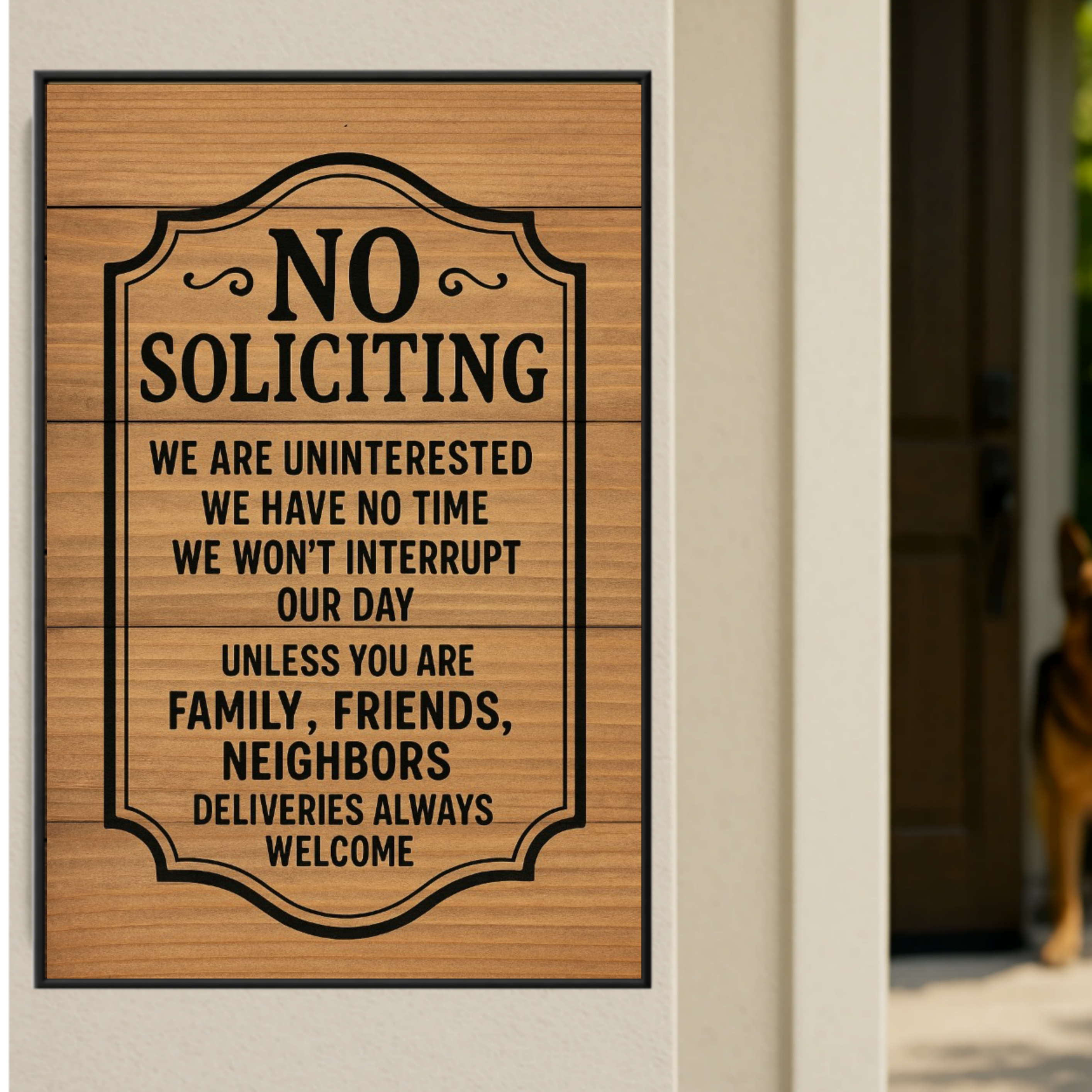 No Soliciting Door Sign – Laminated or Framed Front Door Warning | Rustic Wood Style Home Entry Sign