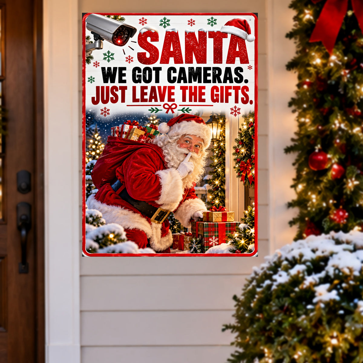 Funny Santa Christmas Sign, We Got Cameras 13x19 Laminated Holiday Window Decor