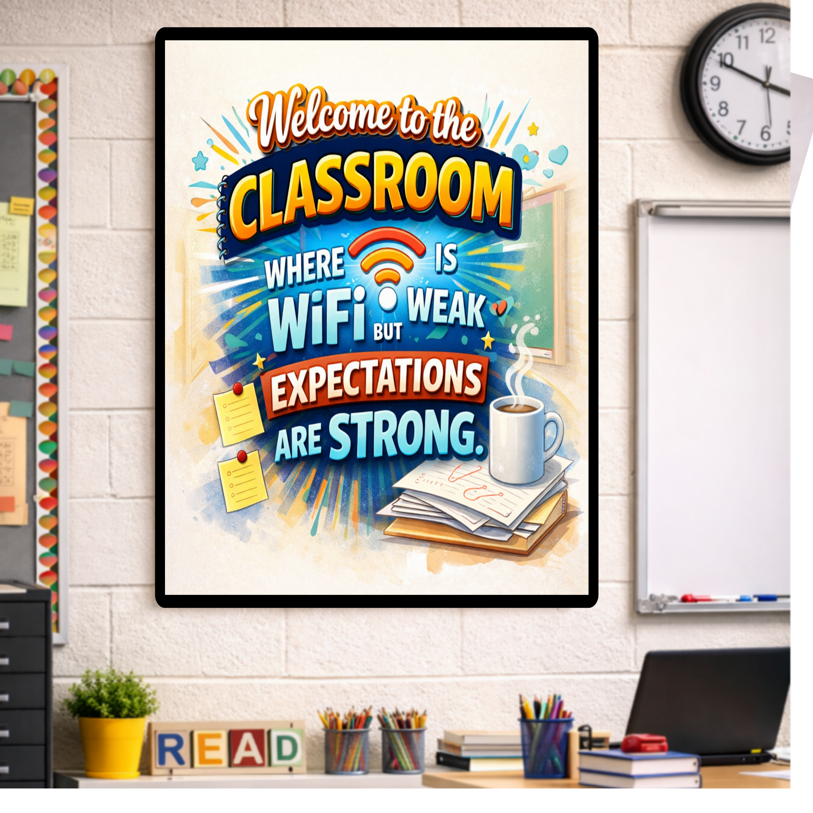 Funny Teacher Sign WiFi Weak Expectations Strong Classroom Decor 13x19 Laminated Teacher Humor Poster School Wall Art