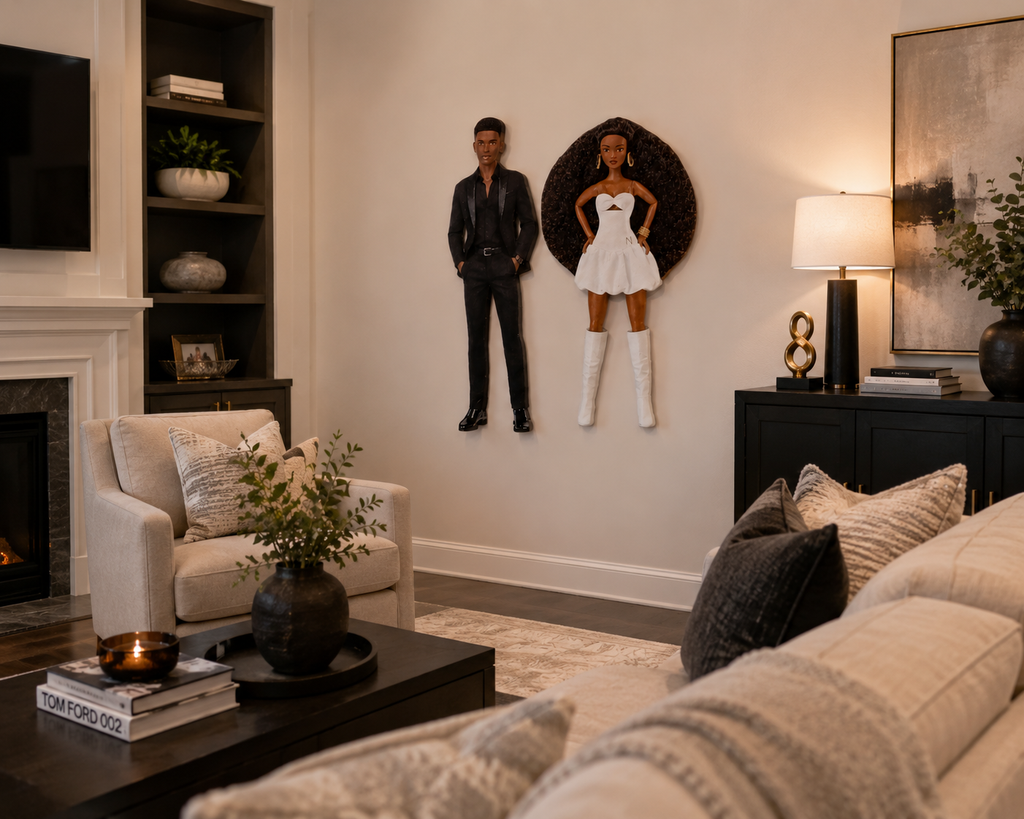 12x18 Wooden Black Barbie & Ken Wall Art | Glossy Handmade Couple Cutouts | Black Couple Bedroom Decor | Fashion Doll Wall Hanging