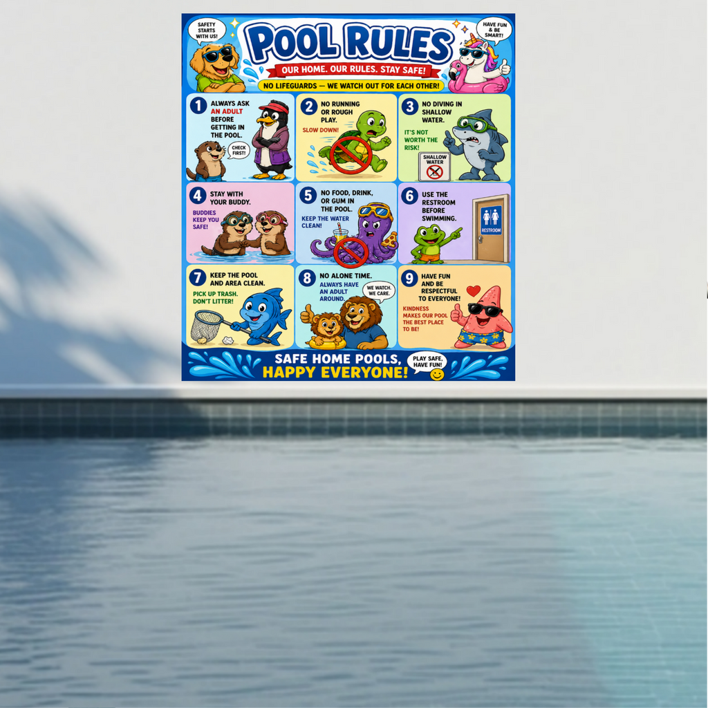 Kids Pool Rules Sign 13x19 Laminated Pool Safety Poster Cartoon Swimming Rules Decor Backyard Family Pool Wall Art