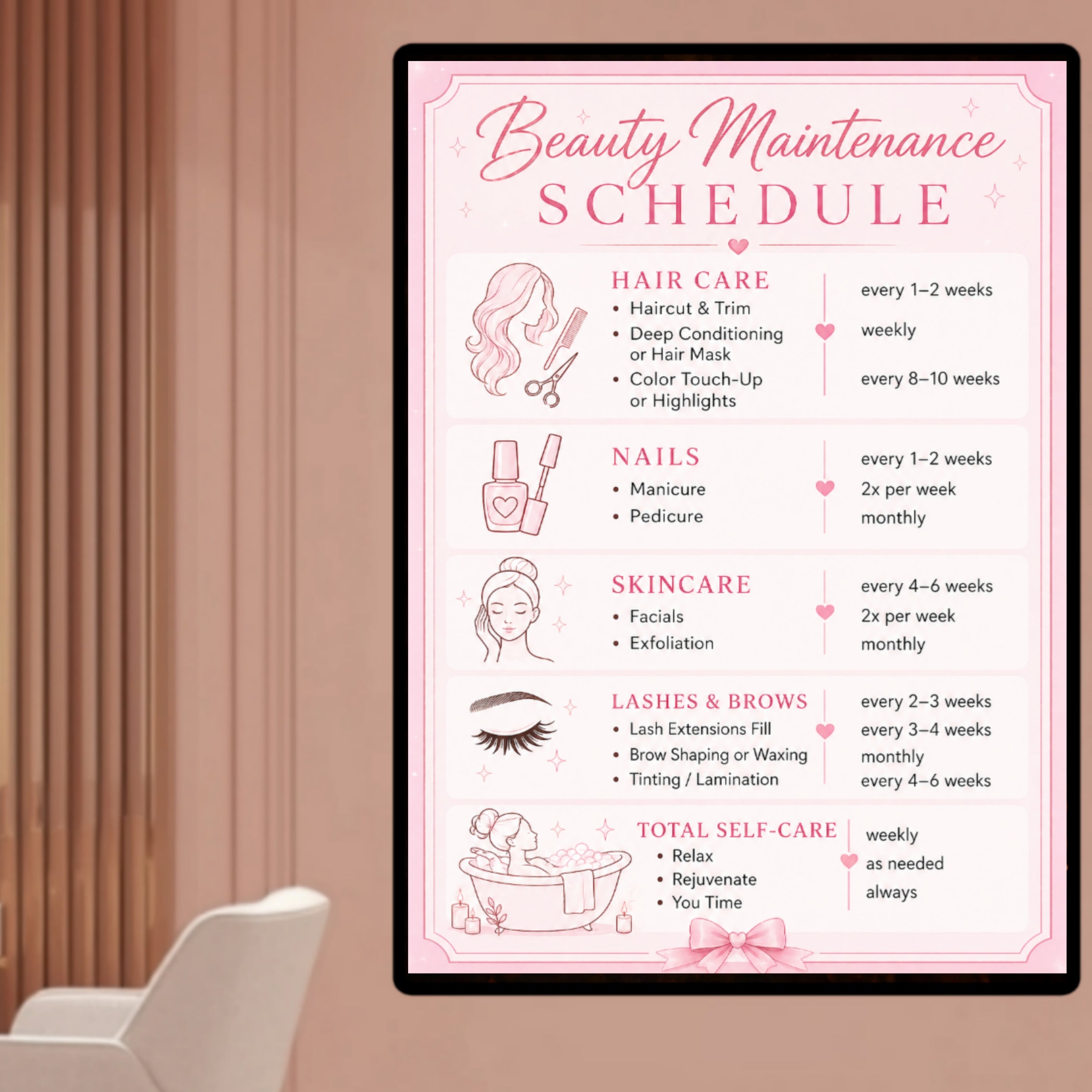Personalized Beauty Maintenance Schedule Sign | Pink Self Care Wall Decor | Custom Beauty Routine Poster | Girly Bathroom Decor | Laminated Print