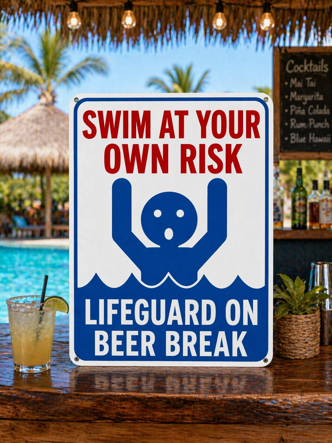 Swim At Your Own Risk Lifeguard On Beer Break Funny Pool Sign 13x19 Laminated Pool Decor Backyard Pool Rules Sign
