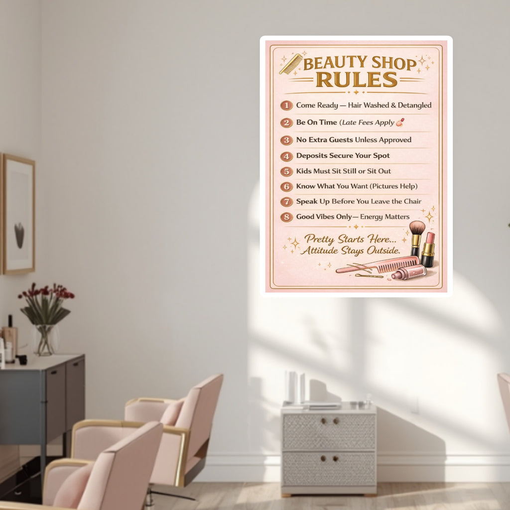 Beauty Shop Rules Sign Salon Policy Poster 13x19 Laminated Hair Salon Decor Professional Stylist Wall Art