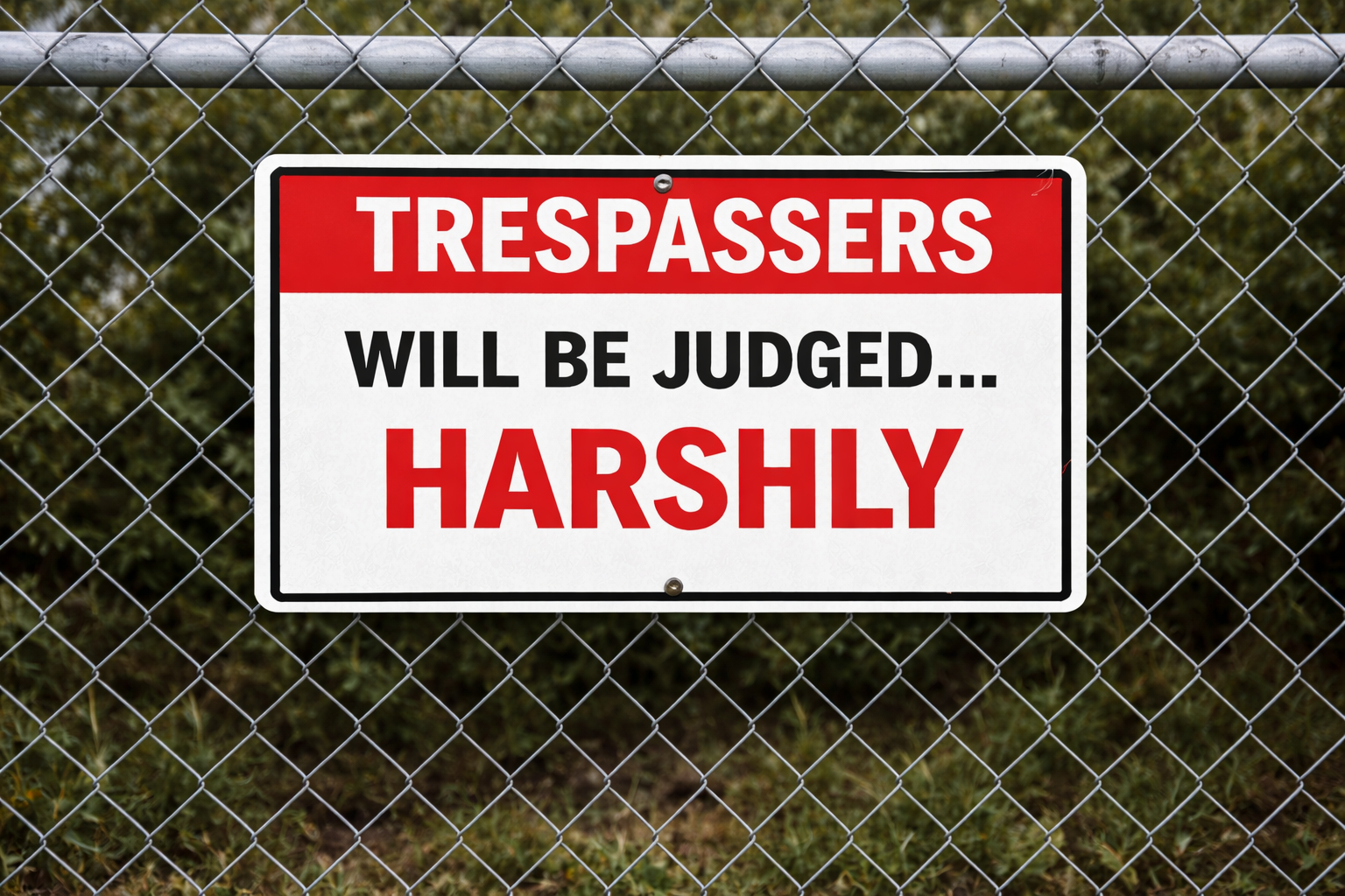 Trespassers Will Be Judged… Harshly Sign – 13x19 Laminated Warning Sign | Funny No Trespassing Sign | Fence, Gate, or Property Sign