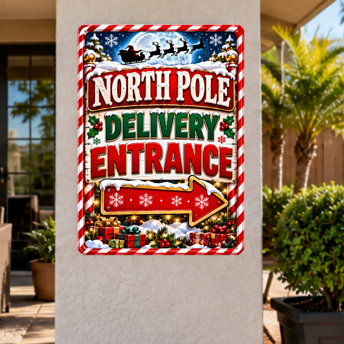 North Pole Delivery Entrance Sign, 13x19 Laminated Santa Christmas Holiday Decor