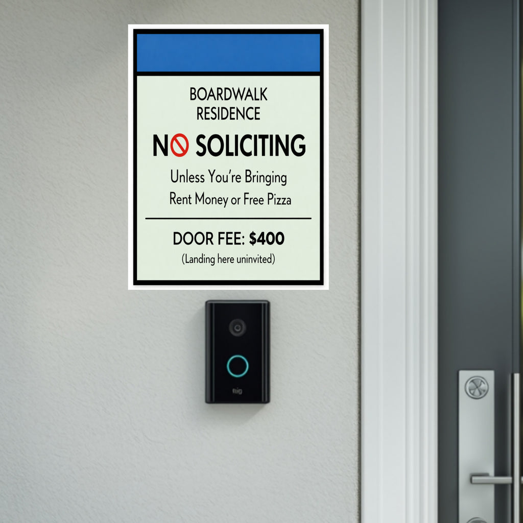 Boardwalk No Soliciting Sign – Funny Door Sign | “Unless You’re Bringing Rent or Pizza” | Modern Home Entry Decor