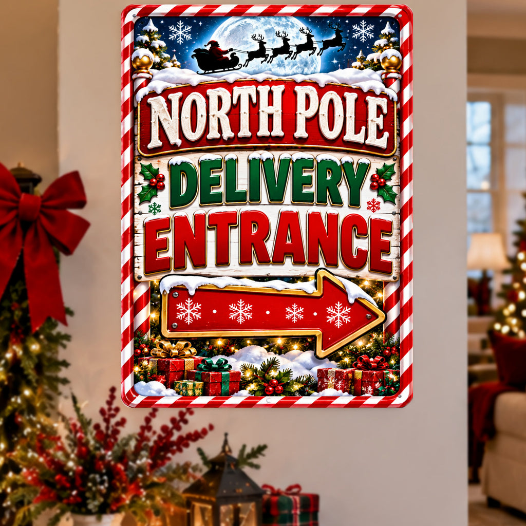 North Pole Delivery Entrance Sign, 13x19 Laminated Santa Christmas Holiday Decor