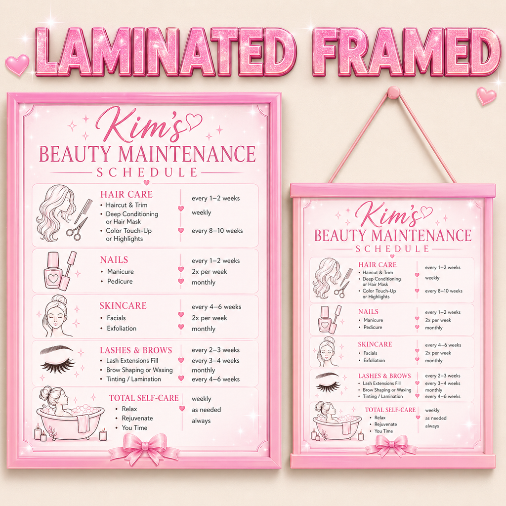 Personalized Beauty Maintenance Schedule Sign | Pink Self Care Wall Decor | Custom Beauty Routine Poster | Girly Bathroom Decor | Laminated Print