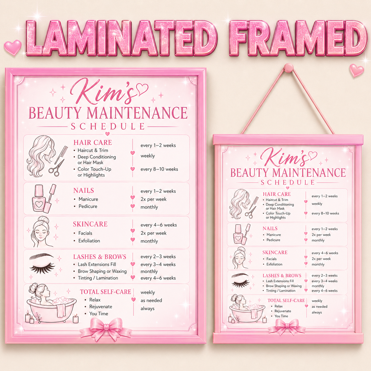 Personalized Beauty Maintenance Schedule Sign | Pink Self Care Wall Decor | Custom Beauty Routine Poster | Girly Bathroom Decor | Laminated Print