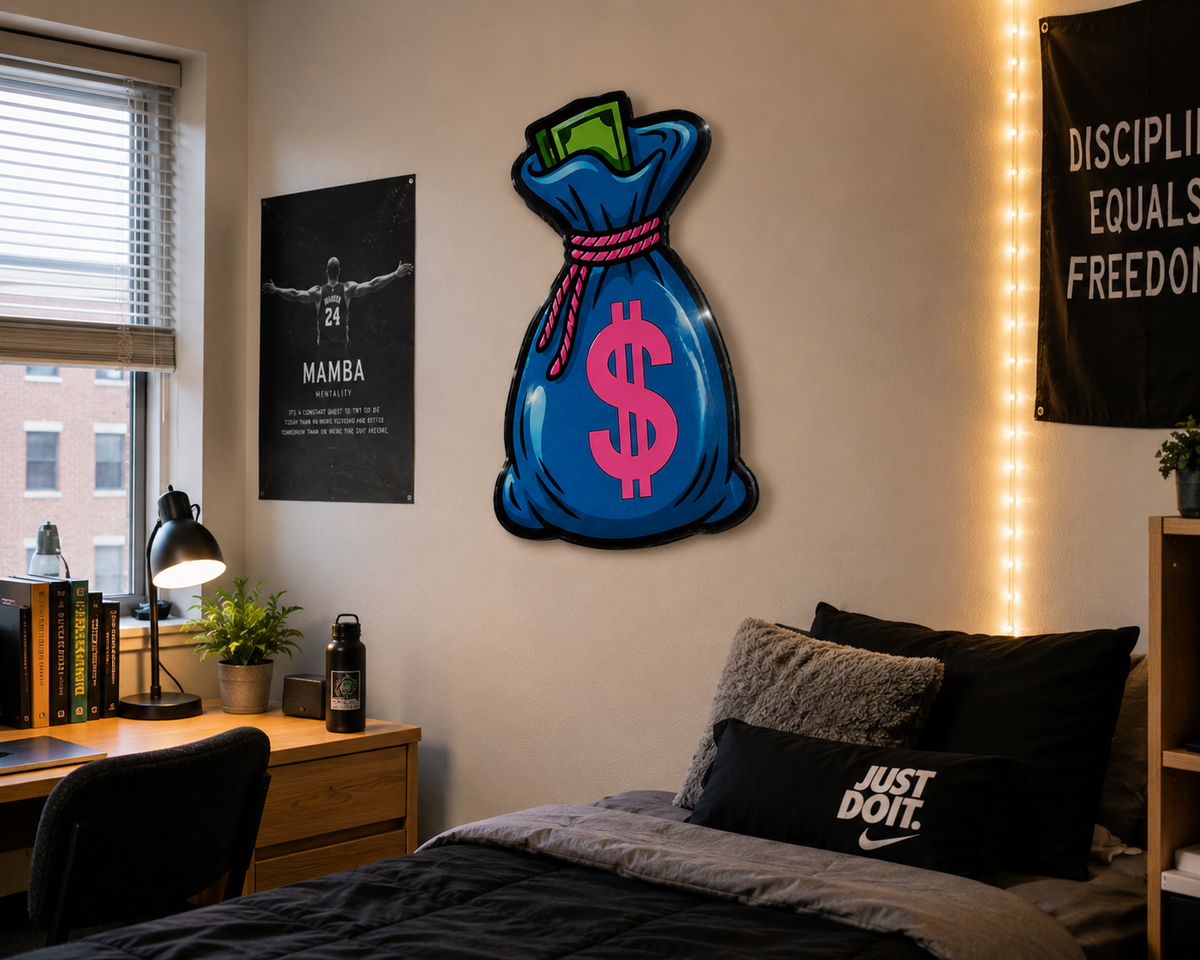 Real Wood Money Bag Wall Art | 12x18 Motivational Office Decor | Glossy Wall Sign | Hustle Mindset Business Decor