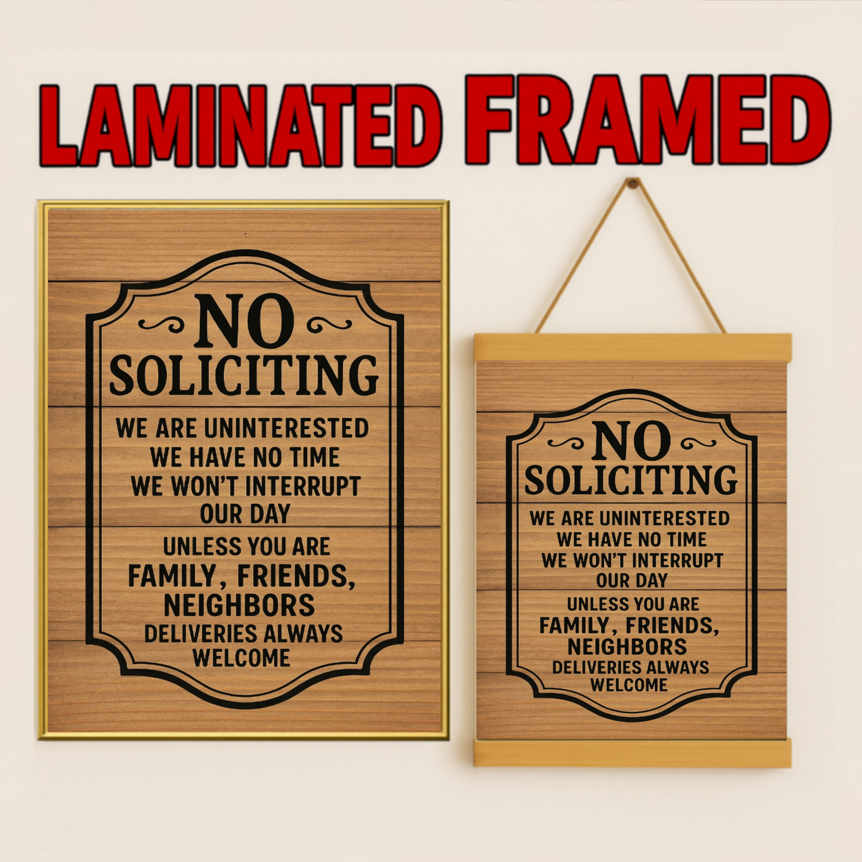 No Soliciting Door Sign – Laminated or Framed Front Door Warning | Rustic Wood Style Home Entry Sign