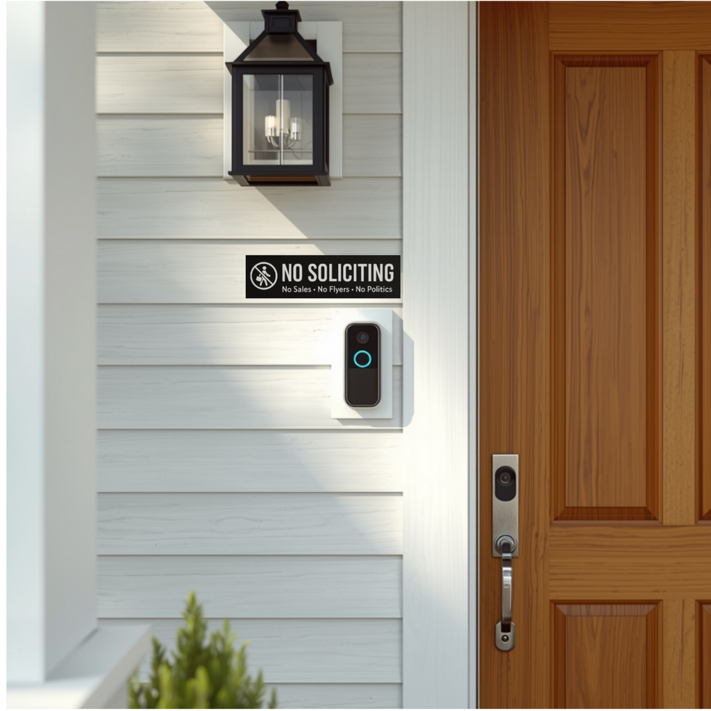 No Soliciting Sign Modern Door Sign  4x6in Laminated Aluminum Backing backing Home Security Warning Sign Minimalist Decor