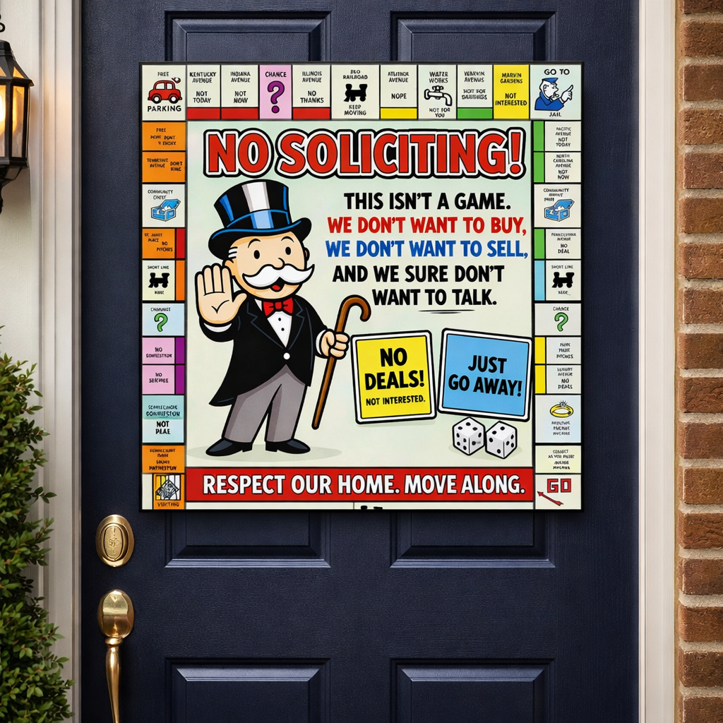Funny No Soliciting Monopoly Style Sign We Don’t Want To Buy Or Sell 12x12in Laminated Door Sign Home Protection Decor