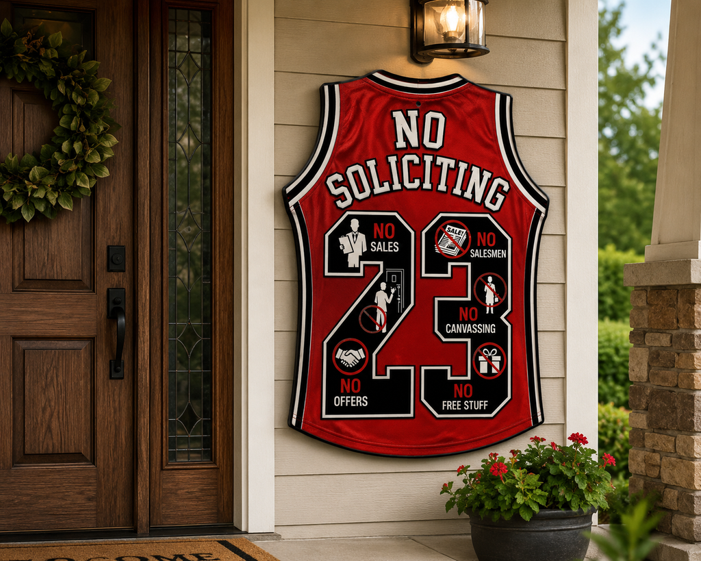 No Soliciting Jersey Sign 19x13in | Laminated Wooden Door Sign | Weather Sealed Sports Style Wall Decor | Cut Out Jersey Sign