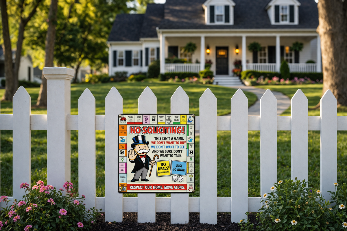 Funny No Soliciting Monopoly Style Sign We Don’t Want To Buy Or Sell 12x12in Laminated Door Sign Home Protection Decor