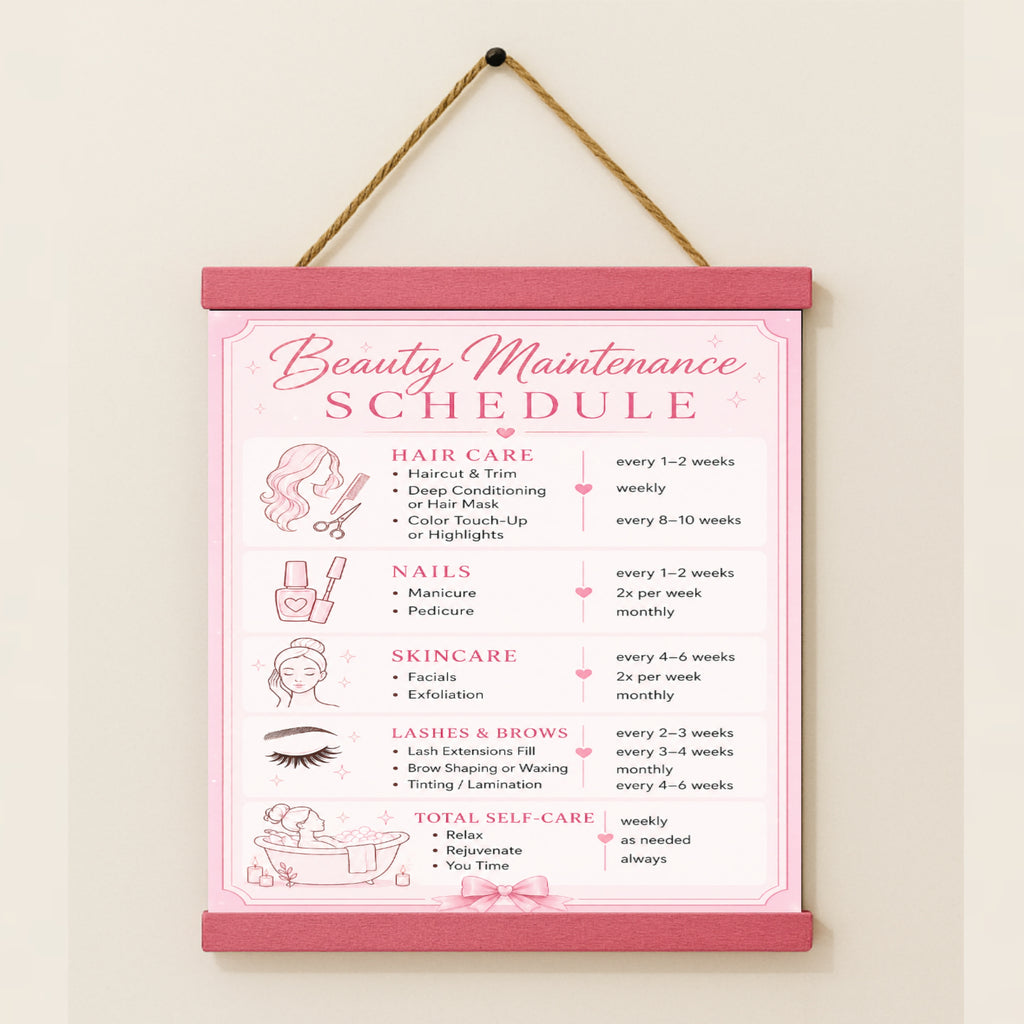 Personalized Beauty Maintenance Schedule Sign | Pink Self Care Wall Decor | Custom Beauty Routine Poster | Girly Bathroom Decor | Laminated Print