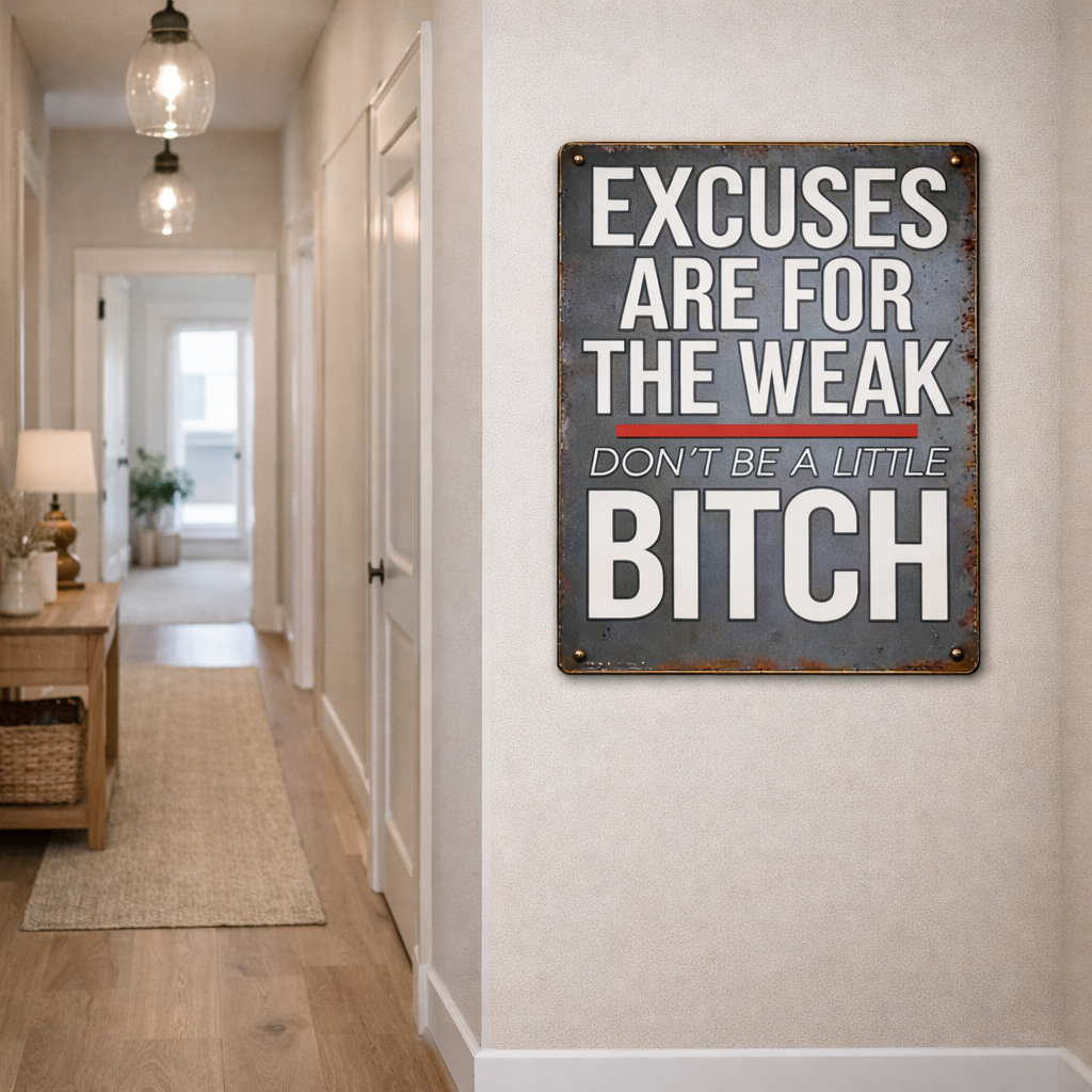 Motivational Tough Love Sign – “Excuses Are For The Weak” Wall Art | Bold Hustle Mindset Decor (13x19)