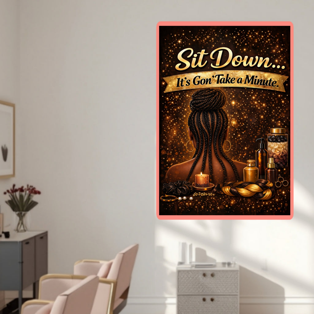 Sit Down It’s Gon Take a Minute Beauty Salon Sign 13x19 Laminated Wall Art Hair Braiding Poster Black Girl Hair Decor Funny Salon Quote Sign