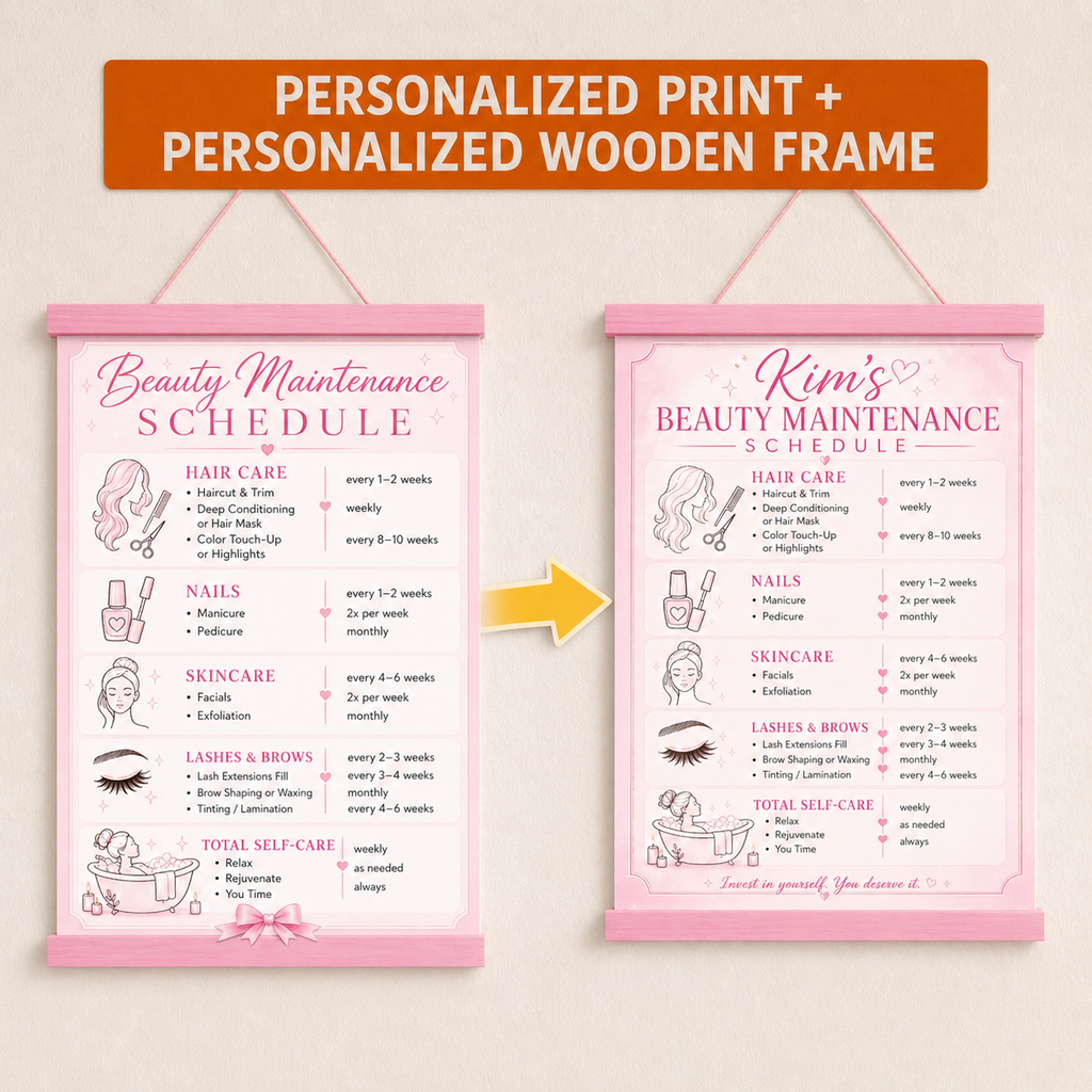 Personalized Beauty Maintenance Schedule Sign | Pink Self Care Wall Decor | Custom Beauty Routine Poster | Girly Bathroom Decor | Laminated Print