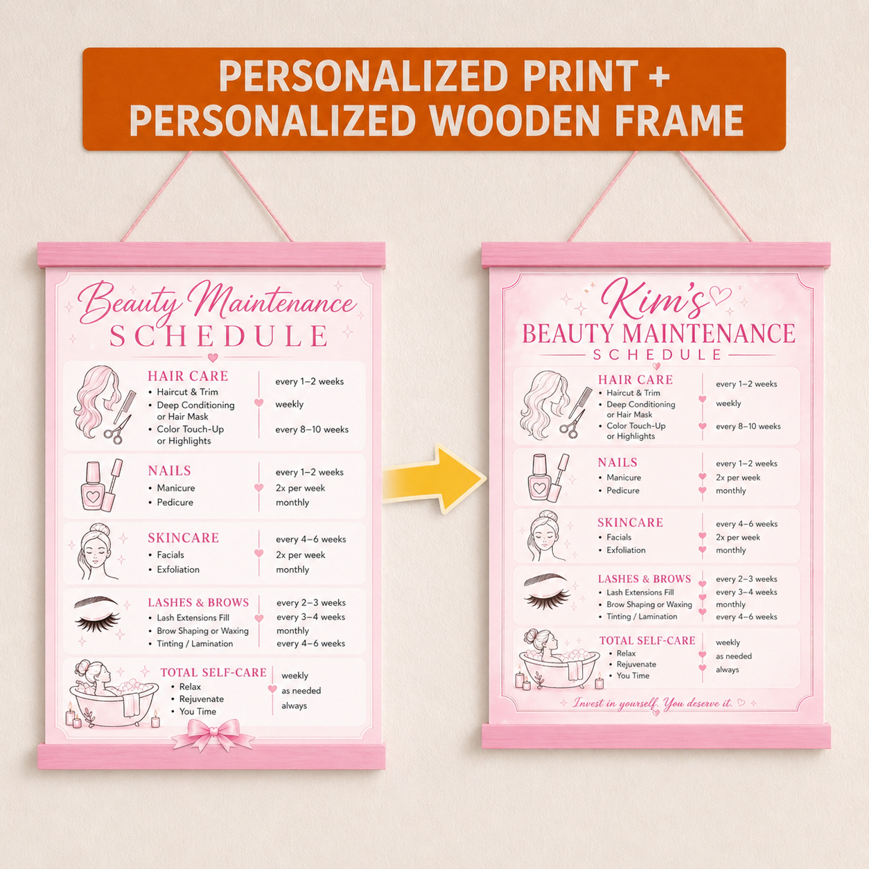 Personalized Beauty Maintenance Schedule Sign | Pink Self Care Wall Decor | Custom Beauty Routine Poster | Girly Bathroom Decor | Laminated Print