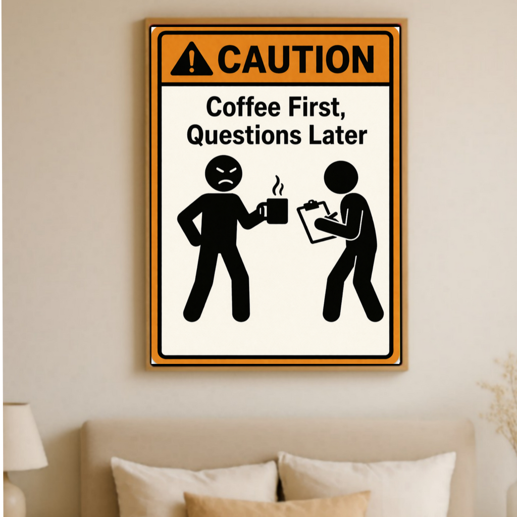 Coffee First Questions Later Funny Morning Sign Humor Kitchen Decor 13x19 Laminated Weather Sealed Wall Art