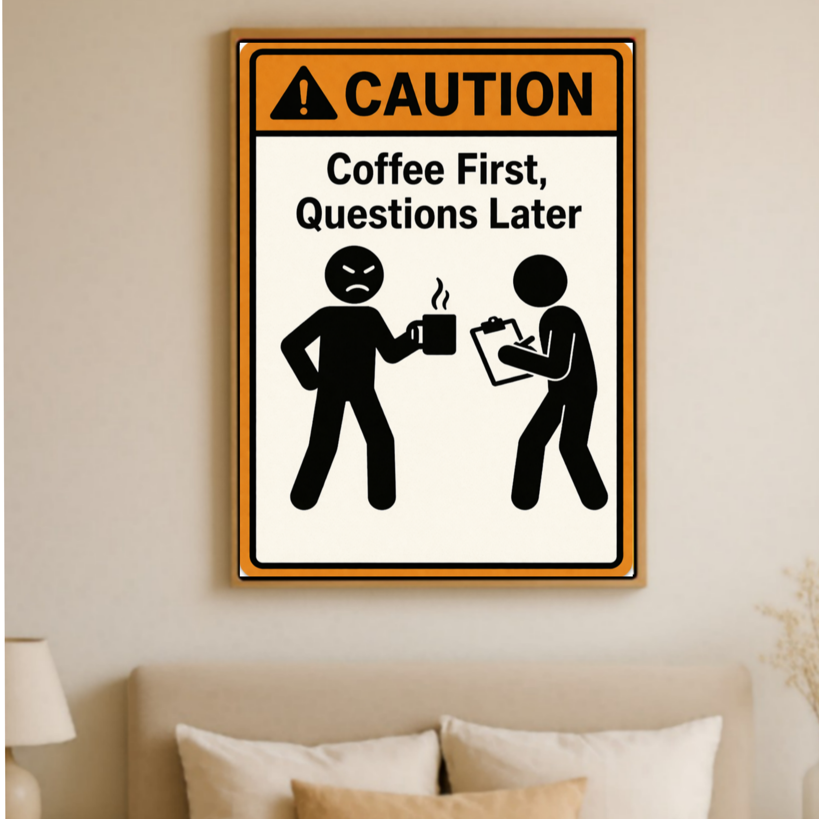 Coffee First Questions Later Funny Morning Sign Humor Kitchen Decor 13x19 Laminated Weather Sealed Wall Art
