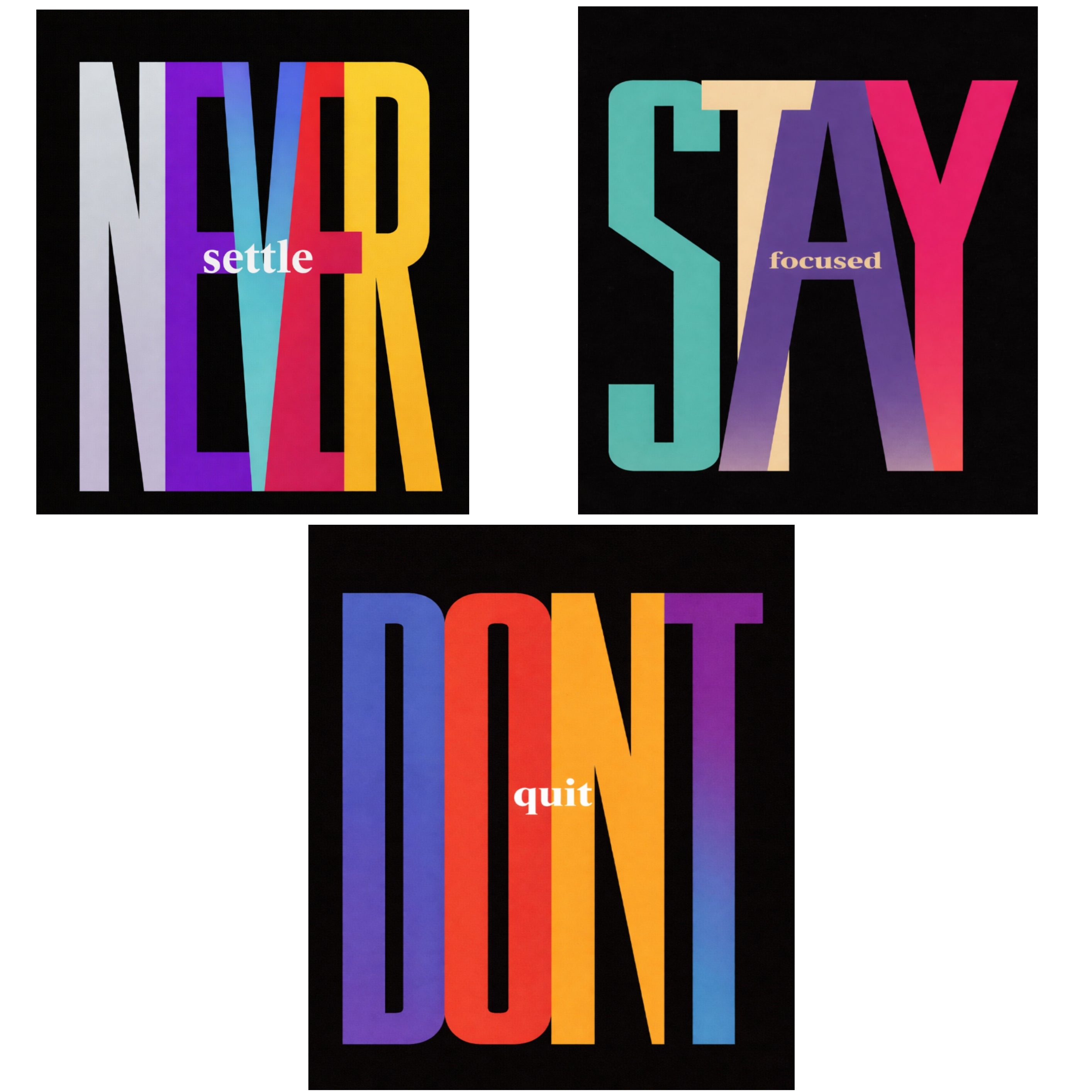 Never Settle Stay Focused Don’t Quit Wall Art Set Colorful Motivational Typography Prints 13x19 Laminated