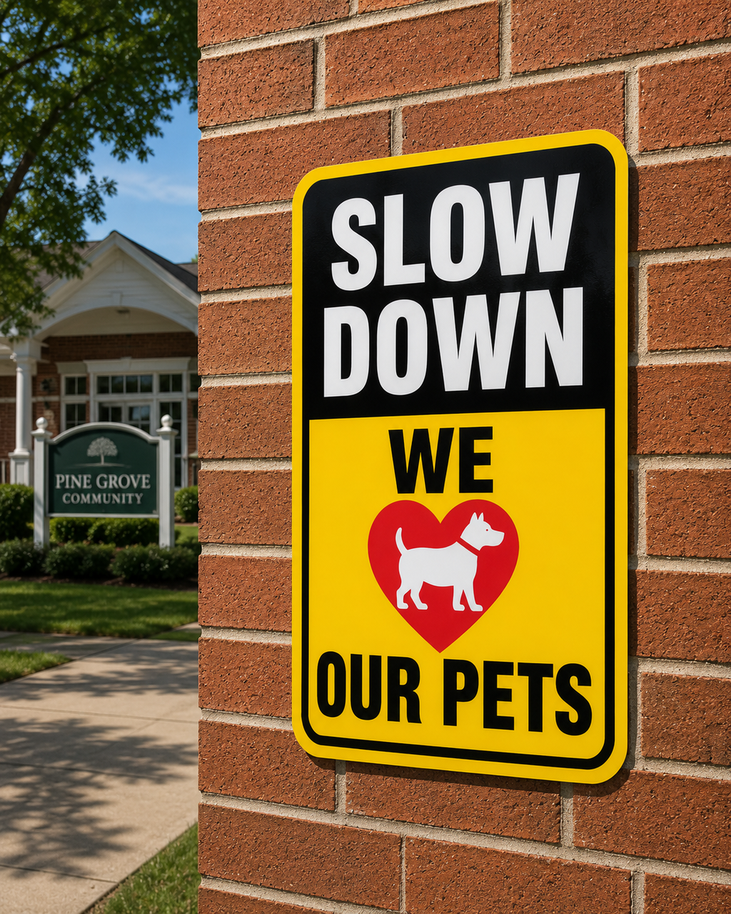 Slow Down We Love Our Pets Sign Laminated 13x19 | Pet Safety Yard Sign | Dog Lover Wall Decor | Funny Outdoor Warning Sign
