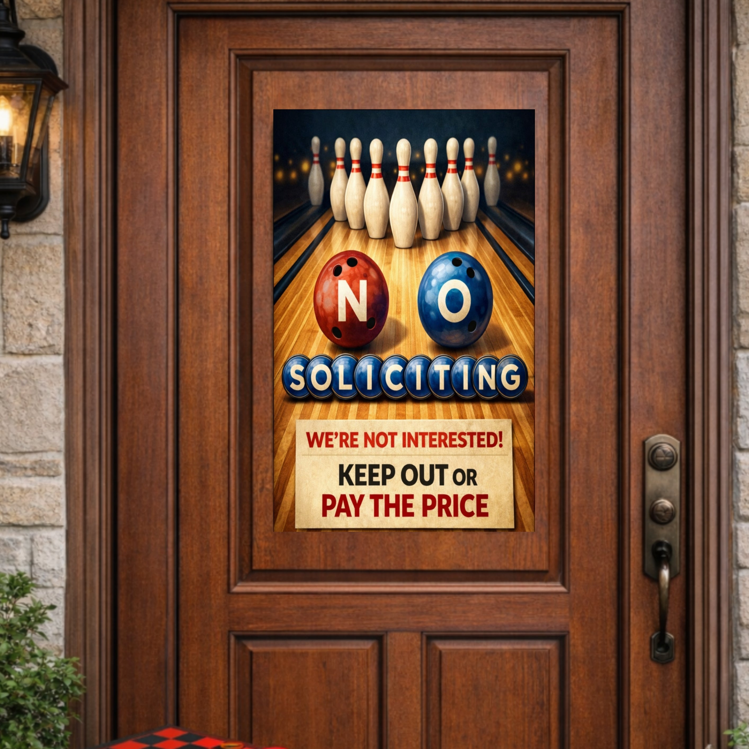 No Soliciting Bowling Sign Funny Door Sign Keep Out Or Pay The Price 13x19 Laminated Home Security Yard Sign Funny Warning Decor