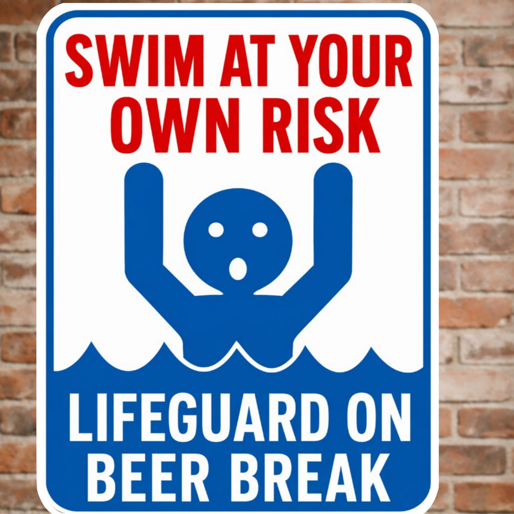 Swim At Your Own Risk Lifeguard On Beer Break Funny Pool Sign 13x19 Laminated Pool Decor Backyard Pool Rules Sign