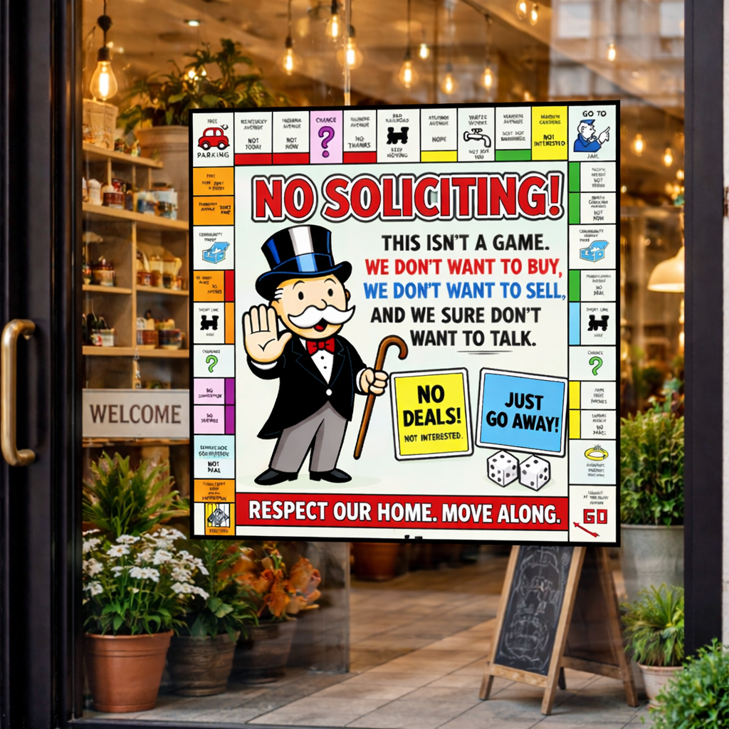 Funny No Soliciting Monopoly Style Sign We Don’t Want To Buy Or Sell 12x12in Laminated Door Sign Home Protection Decor