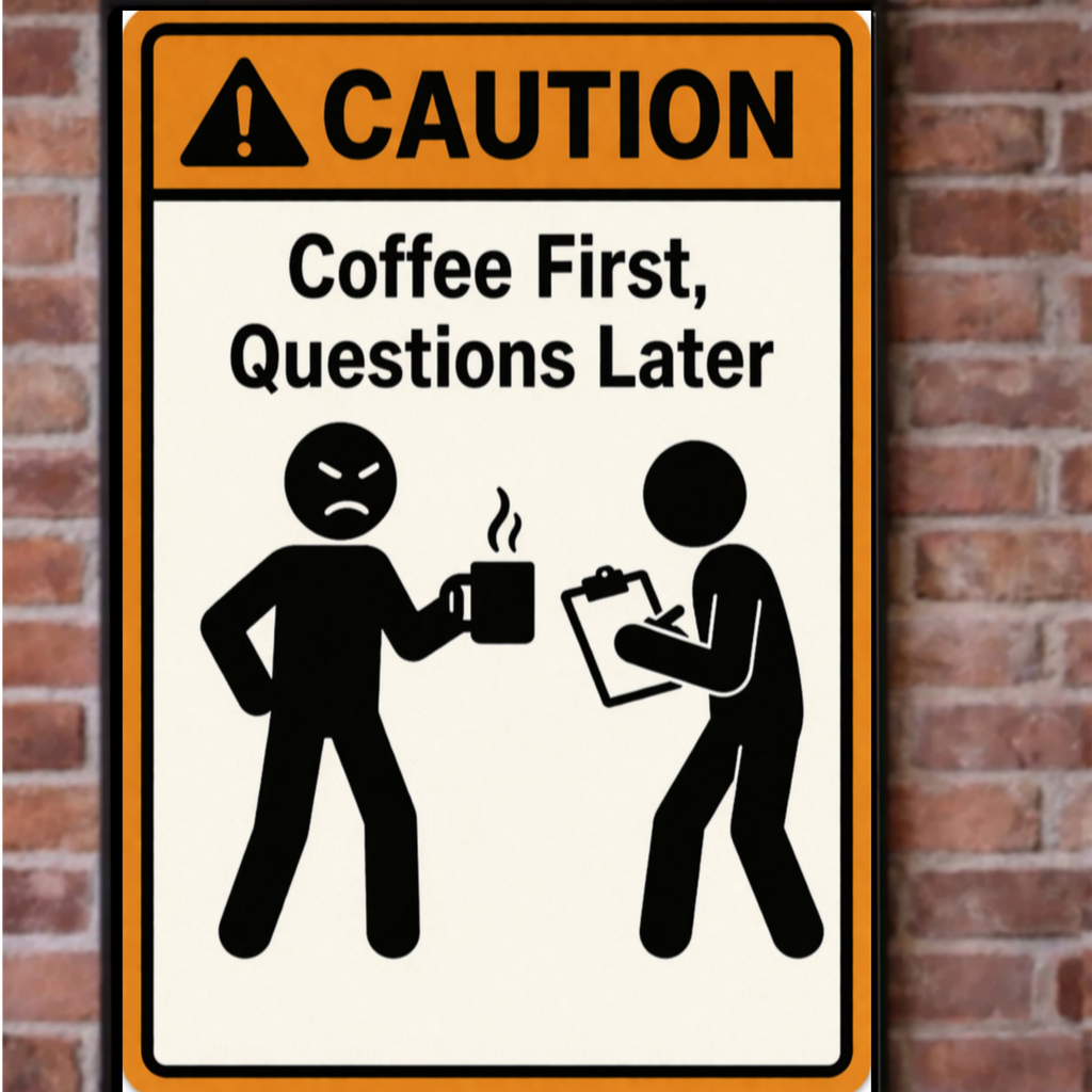 Coffee First Questions Later Funny Morning Sign Humor Kitchen Decor 13x19 Laminated Weather Sealed Wall Art