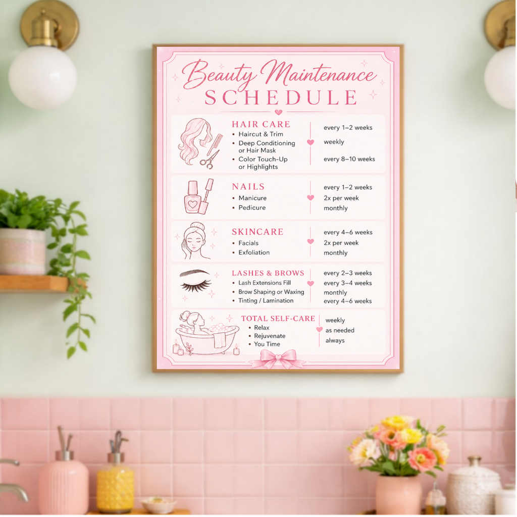 Personalized Beauty Maintenance Schedule Sign | Pink Self Care Wall Decor | Custom Beauty Routine Poster | Girly Bathroom Decor | Laminated Print