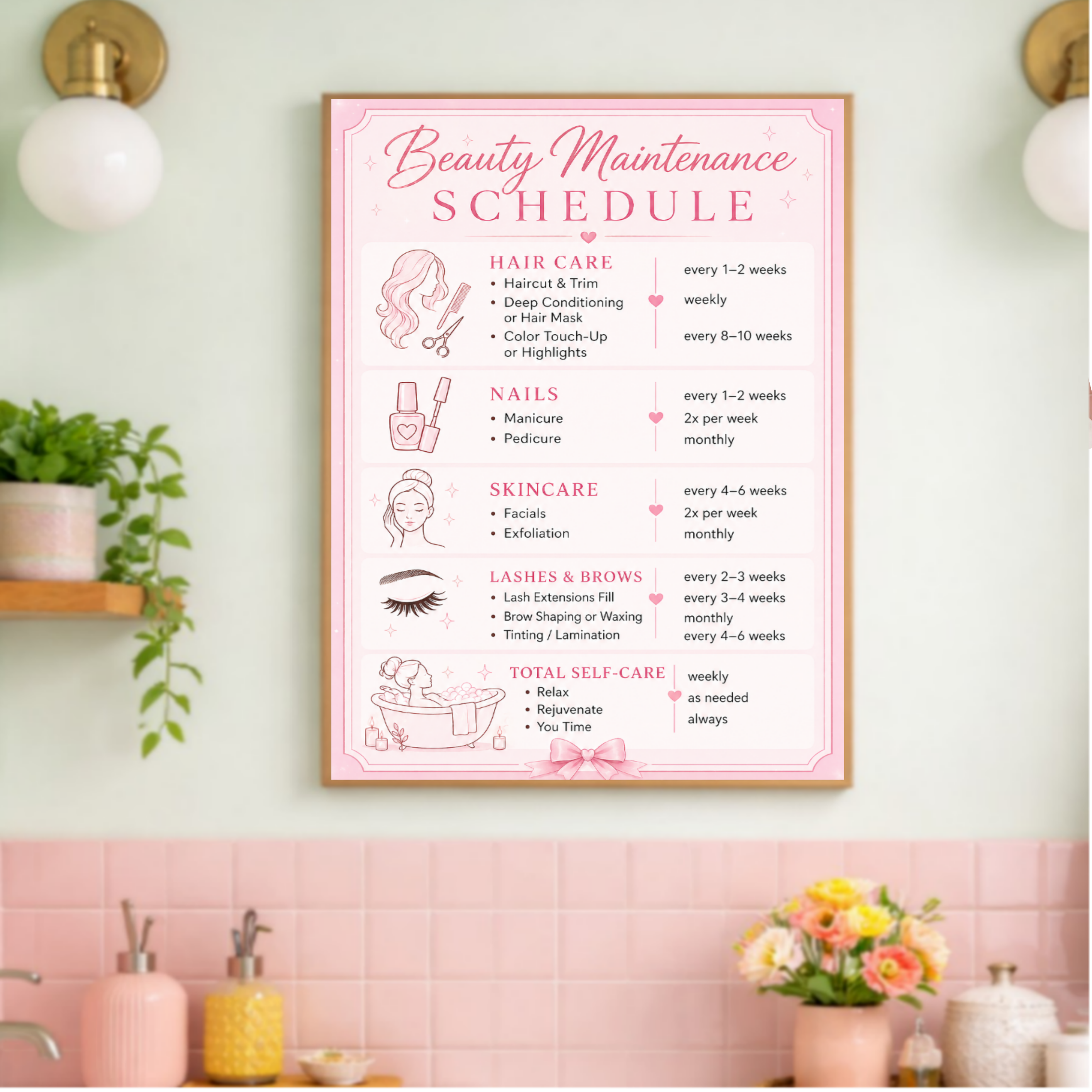 Personalized Beauty Maintenance Schedule Sign | Pink Self Care Wall Decor | Custom Beauty Routine Poster | Girly Bathroom Decor | Laminated Print