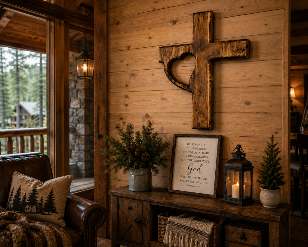 Handmade Wooden Cross Wall Decor with Heart Cutout | Rustic Christian Wall Art | Luxury Farmhouse Faith Decor 12x18