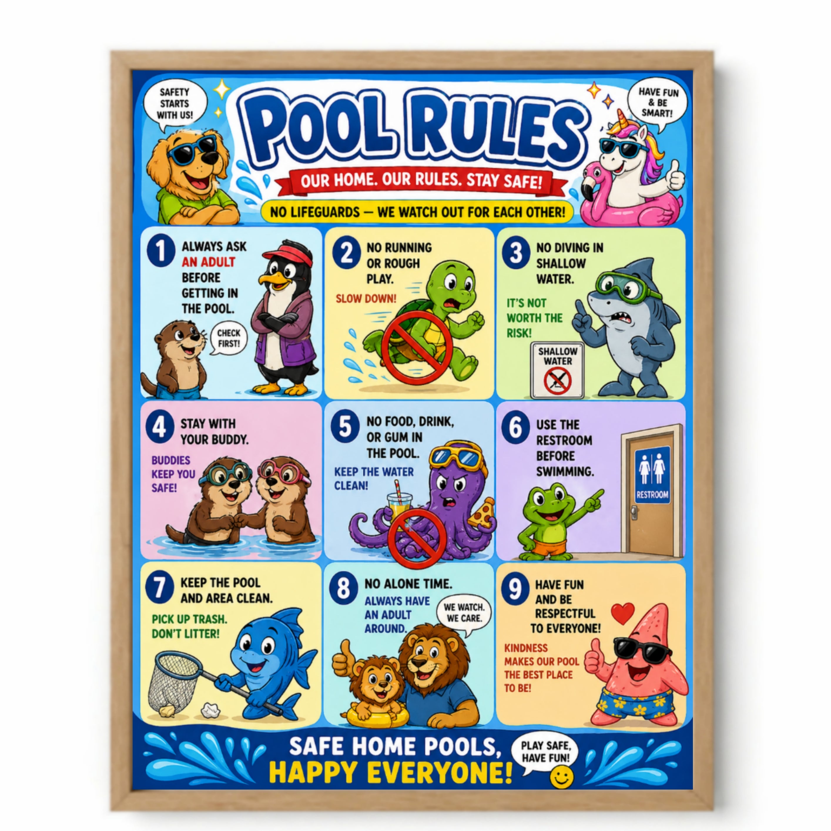 Kids Pool Rules Sign 13x19 Laminated Pool Safety Poster Cartoon Swimming Rules Decor Backyard Family Pool Wall Art