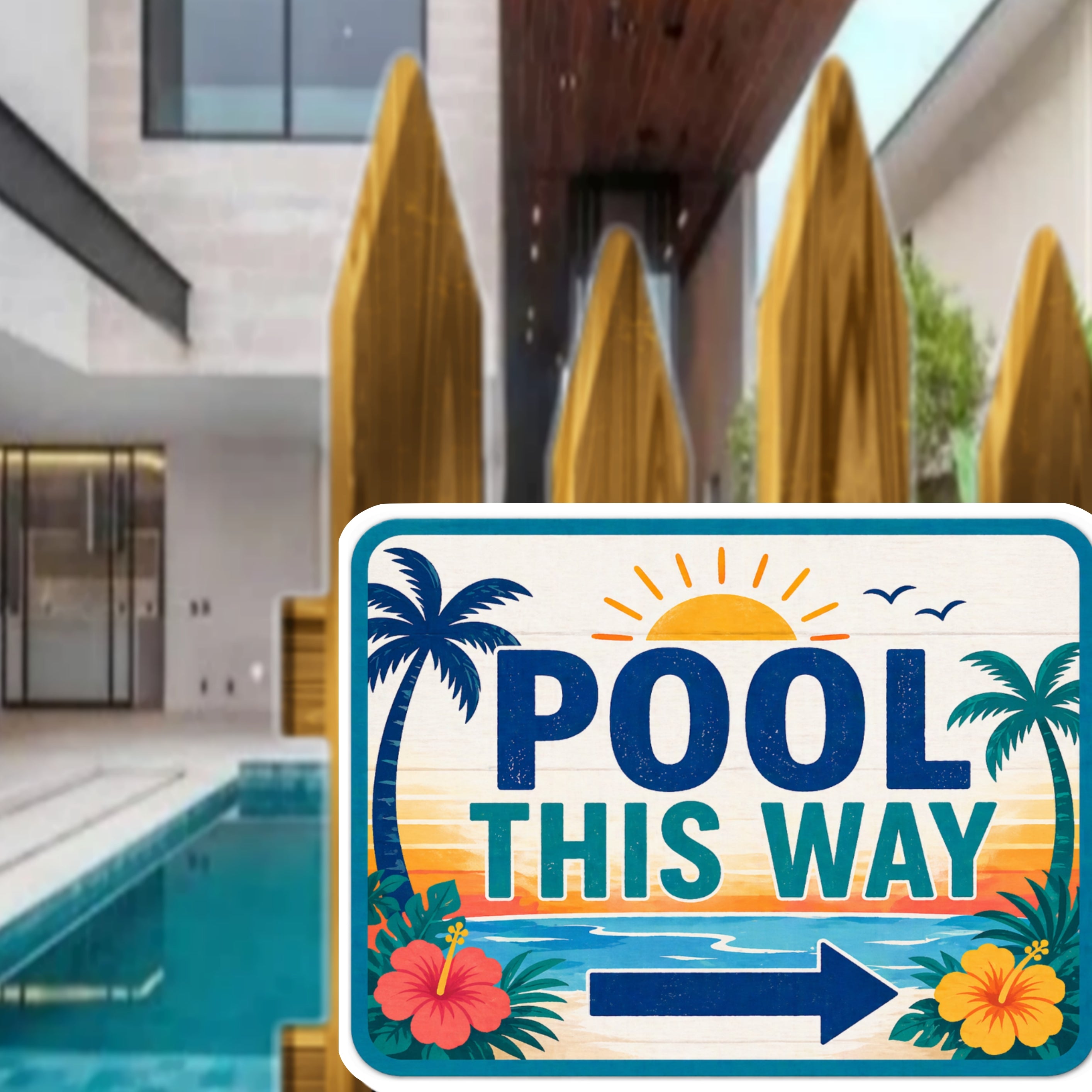 Pool This Way Sign | 13x19 Laminated Tropical Pool Decor | Palm Tree Poolside Summer Patio Wall Art