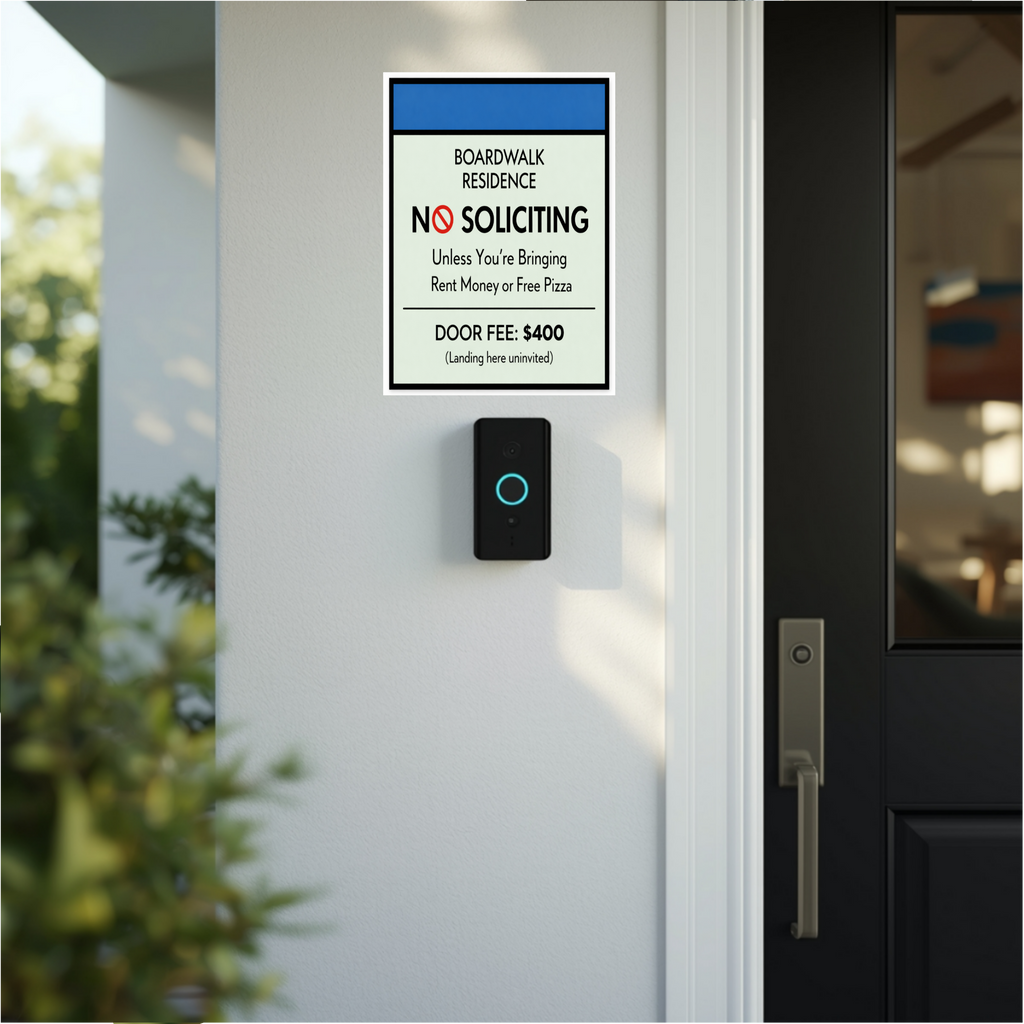 Boardwalk No Soliciting Sign – Funny Door Sign | “Unless You’re Bringing Rent or Pizza” | Modern Home Entry Decor