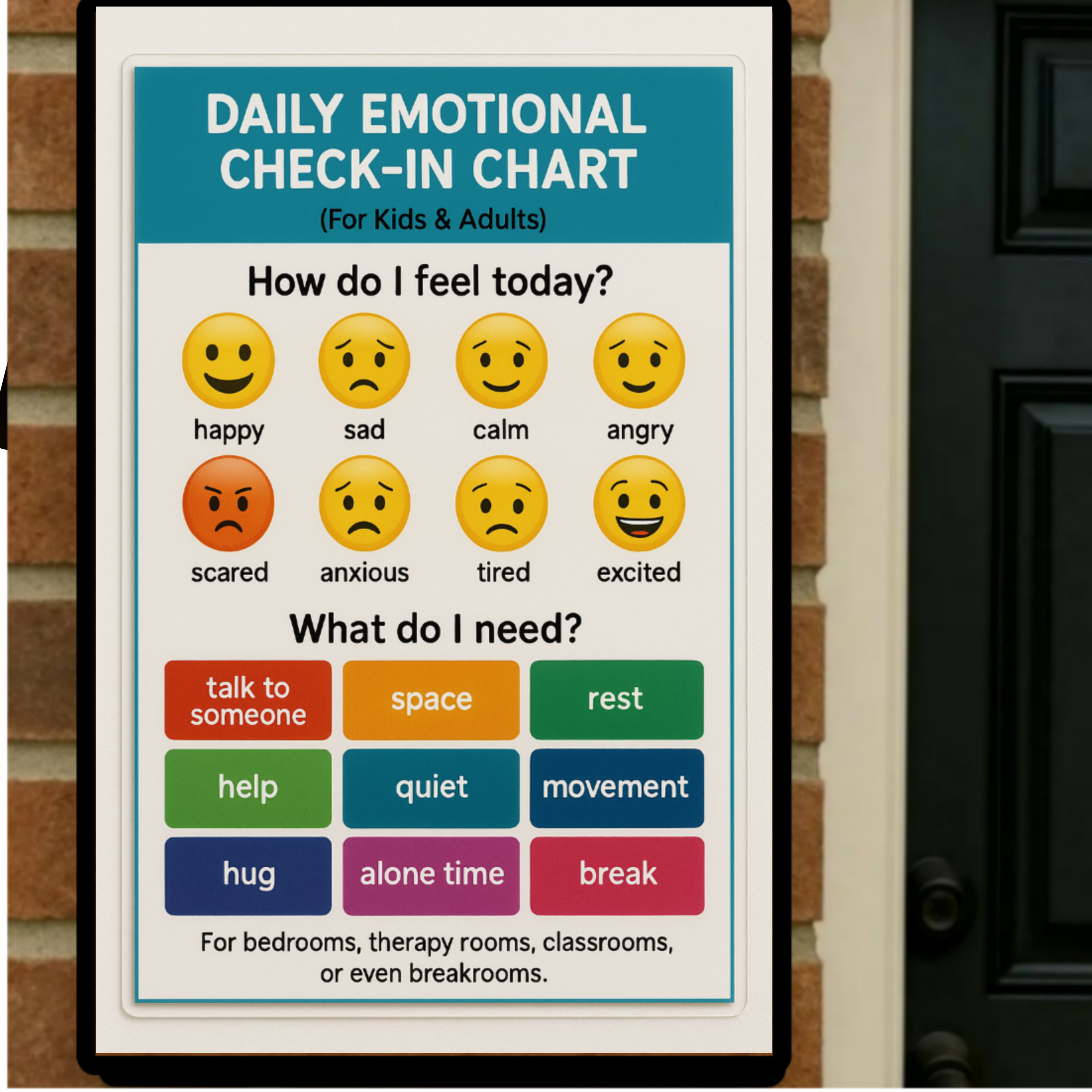 Daily Emotional Check-In Chart – Feelings Chart for Kids and Adults | Mental Health Classroom 13x19in Laminated Print